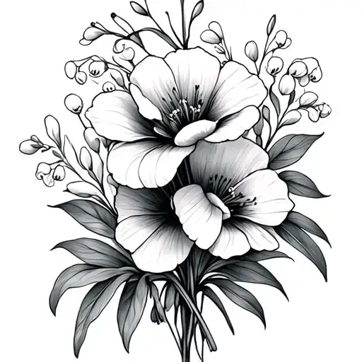 Create a delicate minimalist fine line 4x4 side wrist tattoo of a birth month  bouquet with Lilly of the valley, poppy i tattoo design idea