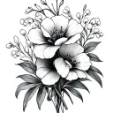 Create a delicate minimalist fine line 4x4 side wrist tattoo of a birth month  bouquet with Lilly of the valley, poppy i tattoo design idea