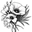 Create a delicate minimalist fine line 4x4 side wrist tattoo of a birth month  bouquet with Lilly of the valley, poppy i tattoo design idea