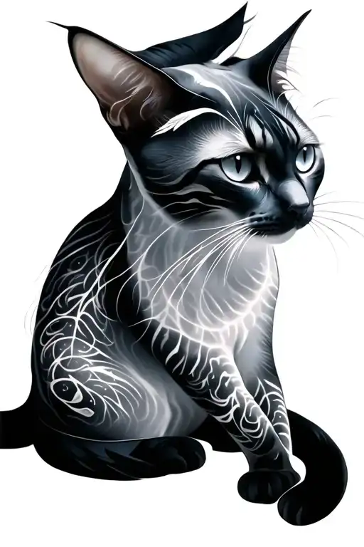 A graceful cat with a slightly translucent, ghostly aura enveloping its sleek body. The cat's form is outlined with soft tattoo design idea