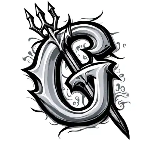 cursive g with a trident trhough it  tattoo design idea