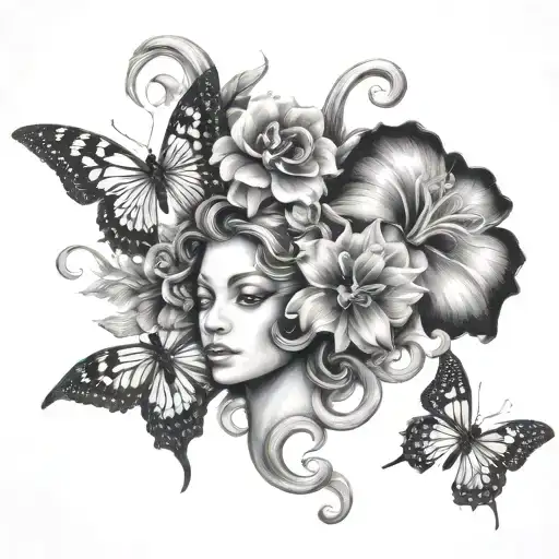 medusa flower butterflies tattoo design idea