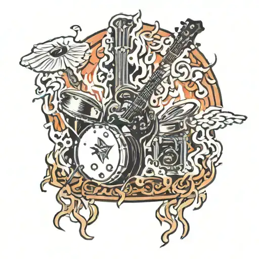 guitar leaning against a drum kit engulfed in flames tattoo design idea