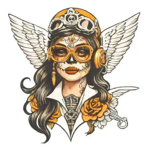A Dia de los Muertos inspired tattoo of a girl  sugar skull pilot wearing aviator goggles tattoo design idea