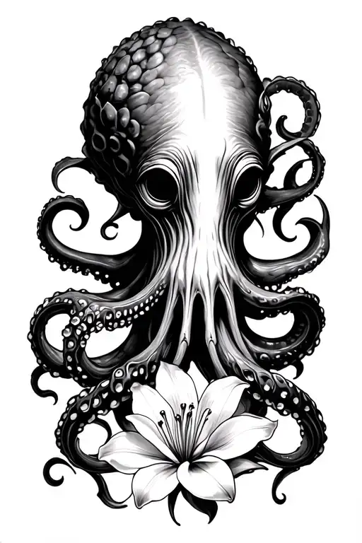 more Small-headed Cthulhu goth octopus, long flowing tentacles with magnolia & lily, half-sleeve shoulder to mid-arm tattoo design idea