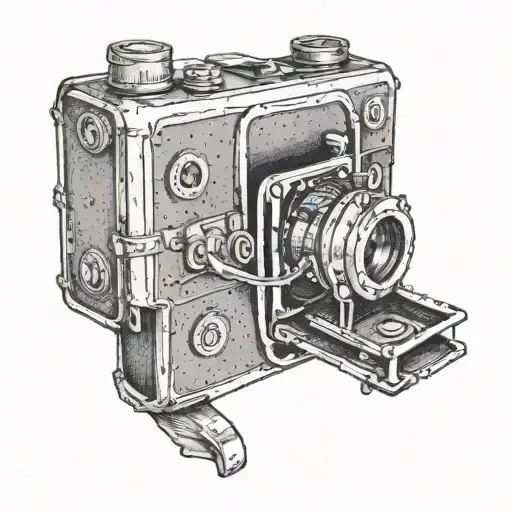 A tattoo design of a vintage camera (Dave's passion) with a subtle silhouette of Elijah in the background, using dotwork technique tattoo design idea