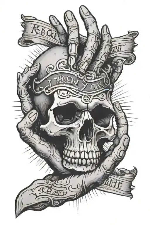skull hand touching human hand with the words "reach out touch faith" tattoo design idea