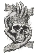 skull hand touching human hand with the words "reach out touch faith" tattoo design idea