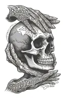 skull hand touching human hand with the words "reach out touch faith" tattoo design idea