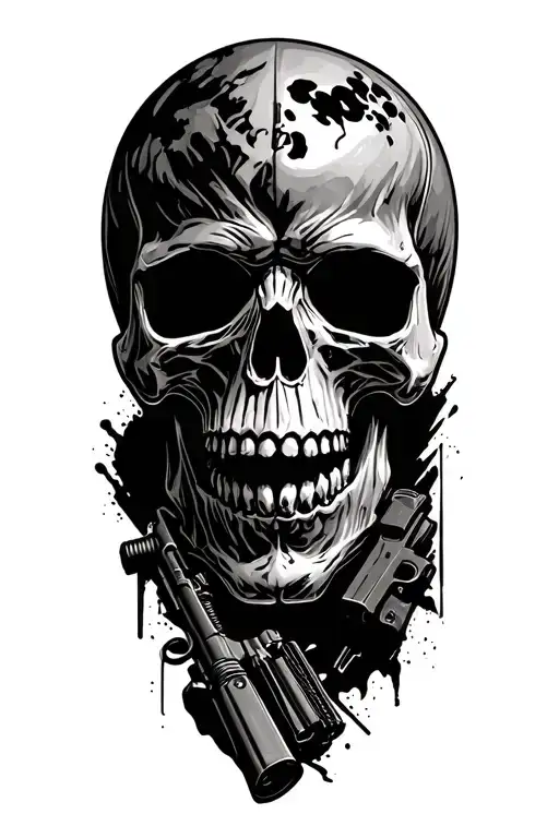skull and m16 rifle morphing tattoo design idea