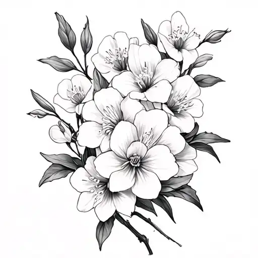 japanese cherry blossom, larkspur, daffodil, gladiolus, cosmo flowers tattoo design idea
