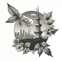 namsan tower with autumn leaf   tattoo design idea