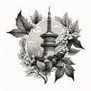 namsan tower with autumn leaf   tattoo design idea