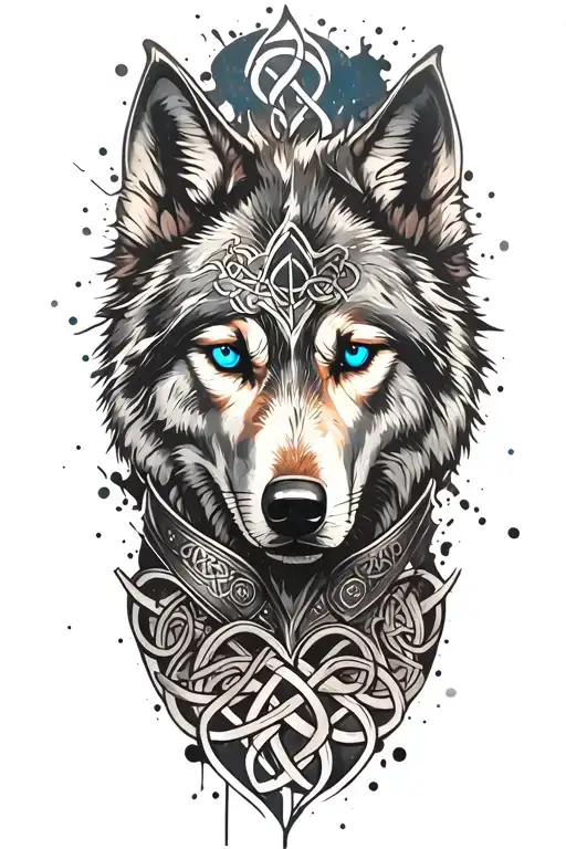 wolf with blue eyes on armor tattoo design featuring Celtic trinity knot  tattoo design idea