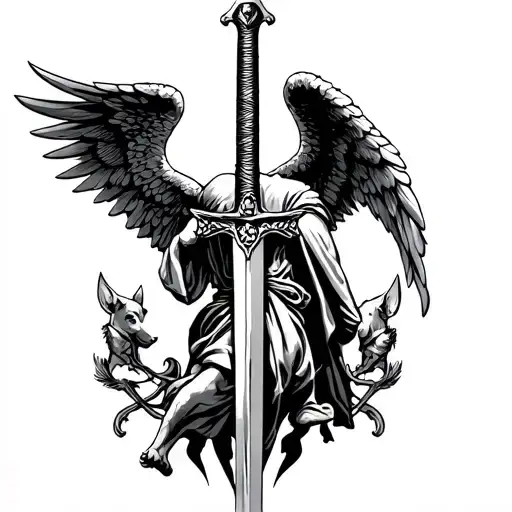 st michael the archangel with sword and dog tag tattoo design idea