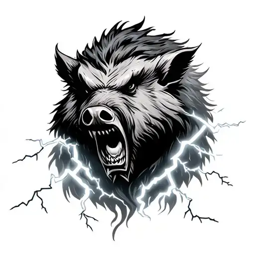 angry boar surrounded by lightning storm tattoo design idea