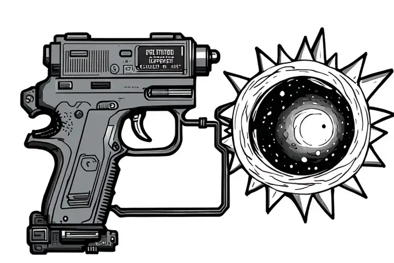 Ricky and Morty portal gun being connected to a processor that is being alimented by a black hole tattoo design idea
