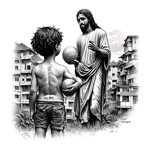 Brazilian kid with a ball in his hands around favelas looking at Jesus status in Brazil  tattoo design idea