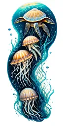 ocean, shells, under water, turtle, jelly fish swimming tattoo design idea