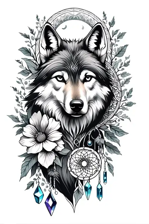 sleeve tattoo featuring wolf, flowers, moon, crystals, tree, dream catcher and mandala  tattoo design idea