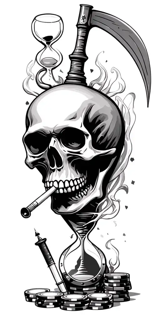 skull smoking a cigarette and a grim reaper and a hourglass and a scythe and a syringe and a and poker Chips  tattoo design idea