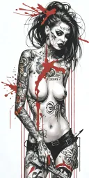 darkly alluring full nude goth girl with money and weapon rocking out tattoo design idea