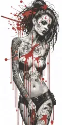 darkly alluring full nude goth girl with money and weapon rocking out tattoo design idea