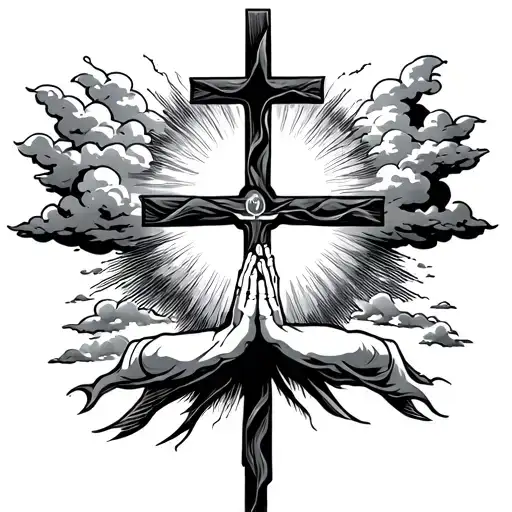 cross in the middle suroundend by clouds en sun shining and under the cross hands praying tattoo design idea