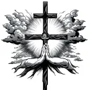 cross in the middle suroundend by clouds en sun shining and under the cross hands praying tattoo design idea
