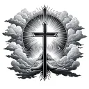 cross in the middle suroundend by clouds en sun shining and under the cross hands praying tattoo design idea