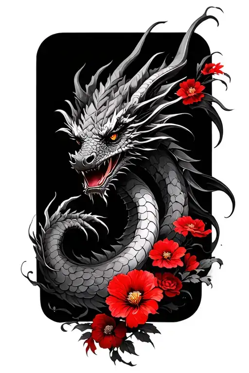 Black Ink Dragon with red flowers wrapped tattoo design idea