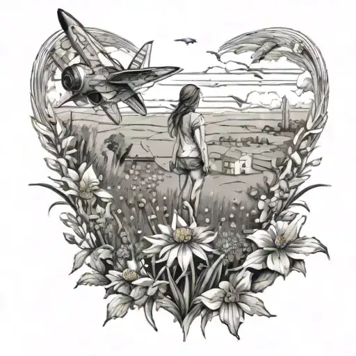 A girl in a field of flowers, on the horizon rockets fly into the city tattoo design idea