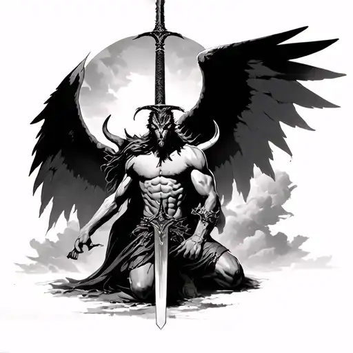 I want a arcangel michael weilding a sword while kneeling on a demon with a nice cloudy background with a colosseum tattoo design idea