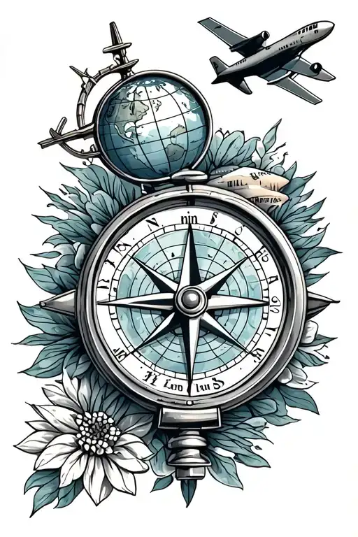 travel inspired tattoo featuring compass, plane, globe tattoo design idea