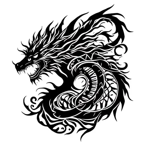 tribal design including army elements, tree of life, dna strand, goddess, dragon tattoo design idea