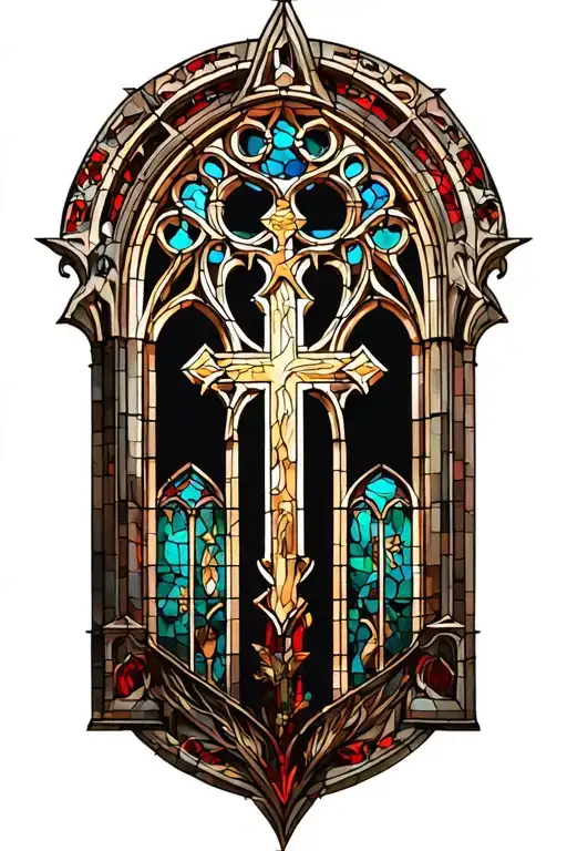 gothic cathedral stained glass window with Christian themes tattoo design idea