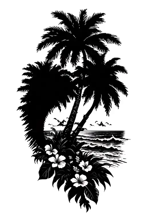 island beach with palm and ocean waves crashing with hibiscus vine tattoo design idea
