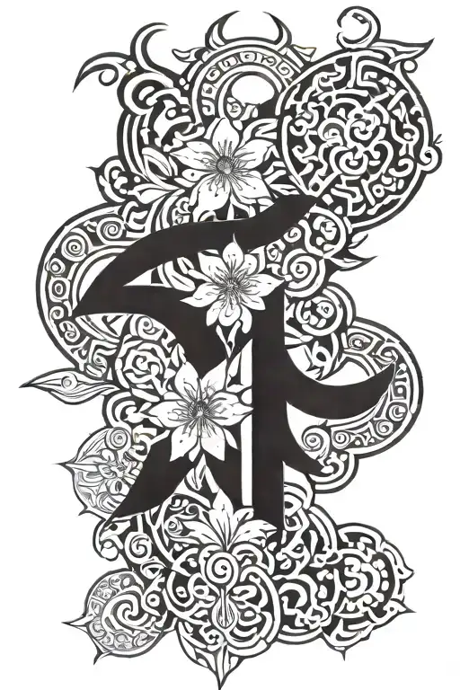 Asian ornamental with floral tattoo design idea
