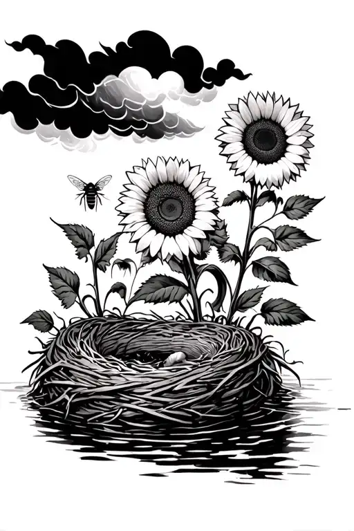 sunflowers and honey bees nest to the river while its storming tattoo design idea