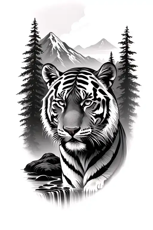 waterfall forest Mountain Scene Tiger  tattoo design idea