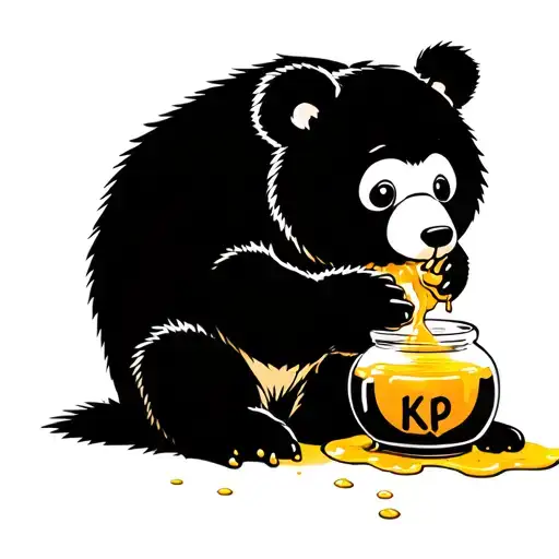 cute Bear eating honey from a honey pot with honey dripping over the side. the honey pot has KP written on it.  tattoo design idea
