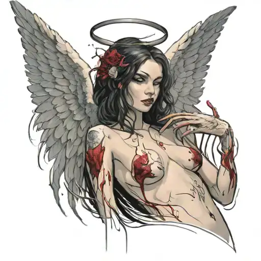 Sexy Angel, pale skin, Big breasts, Wide Hips, Angel wings, Halo, G-String, Revealing bra, Sexual, Bloody, Seductive. tattoo design idea
