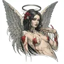 Sexy Angel, pale skin, Big breasts, Wide Hips, Angel wings, Halo, G-String, Revealing bra, Sexual, Bloody, Seductive. tattoo design idea