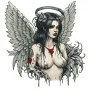 Sexy Angel, pale skin, Big breasts, Wide Hips, Angel wings, Halo, G-String, Revealing bra, Sexual, Bloody, Seductive. tattoo design idea