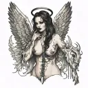 Sexy Angel, pale skin, Big breasts, Wide Hips, Angel wings, Halo, G-String, Revealing bra, Sexual, Bloody, Seductive. tattoo design idea