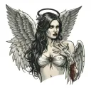 Sexy Angel, pale skin, Big breasts, Wide Hips, Angel wings, Halo, G-String, Revealing bra, Sexual, Bloody, Seductive. tattoo design idea