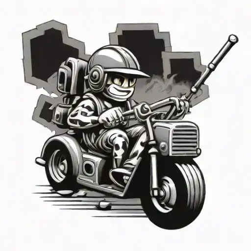 A construction worker driving a car made of tools and soccer balls tattoo design idea