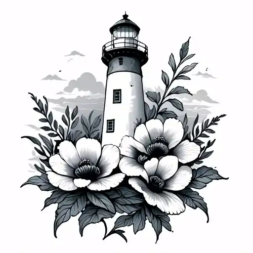 lighthouse with anenome flowers wrapped tattoo design idea