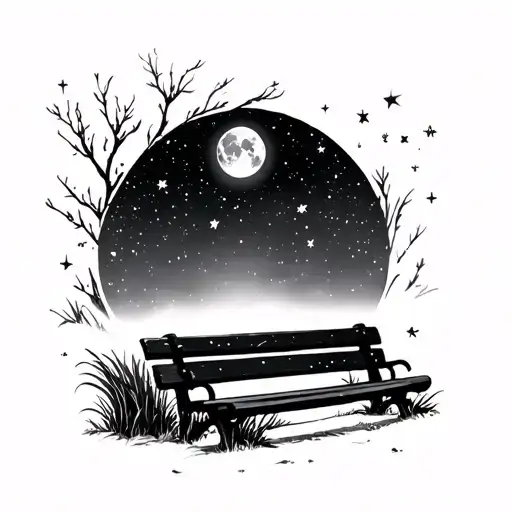 Night sky, moon, park bench watching stars tattoo design idea