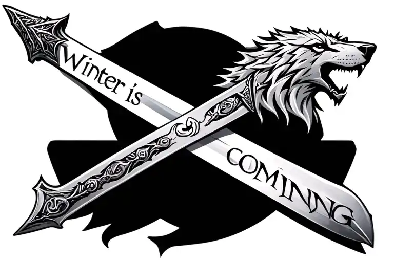 "winter is coming" inscribed on a long sword with a direwolf head pommel from game of thrones tattoo design idea